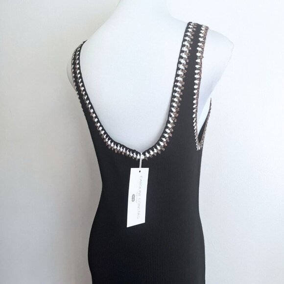 NWT CAROLINE CONSTAS BLACK RIBBED KNIT SLEEVELESS EMBROIDERED MIDI DRESS - Picture 6 of 12
